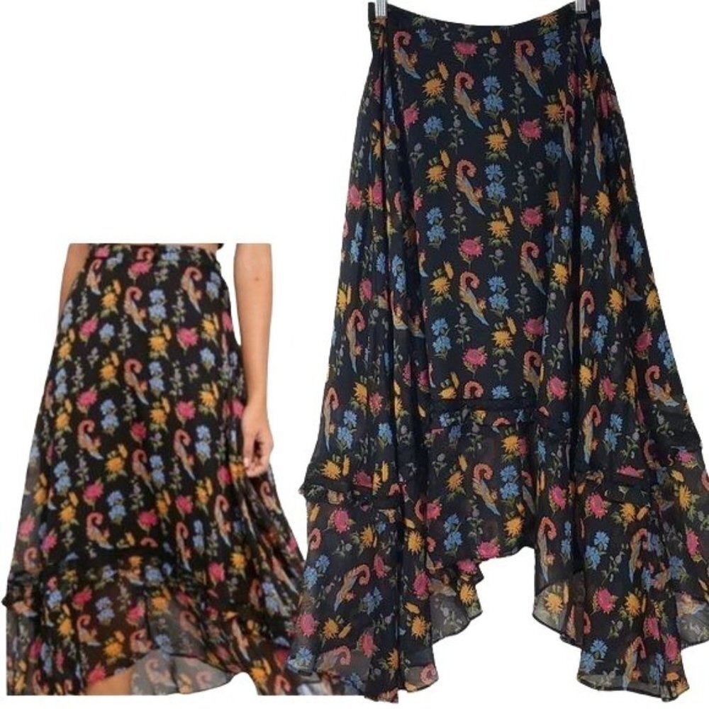 GLAMOROUS Floral Print Chiffon Midi Skirt With Asymmetric Hem S NWT